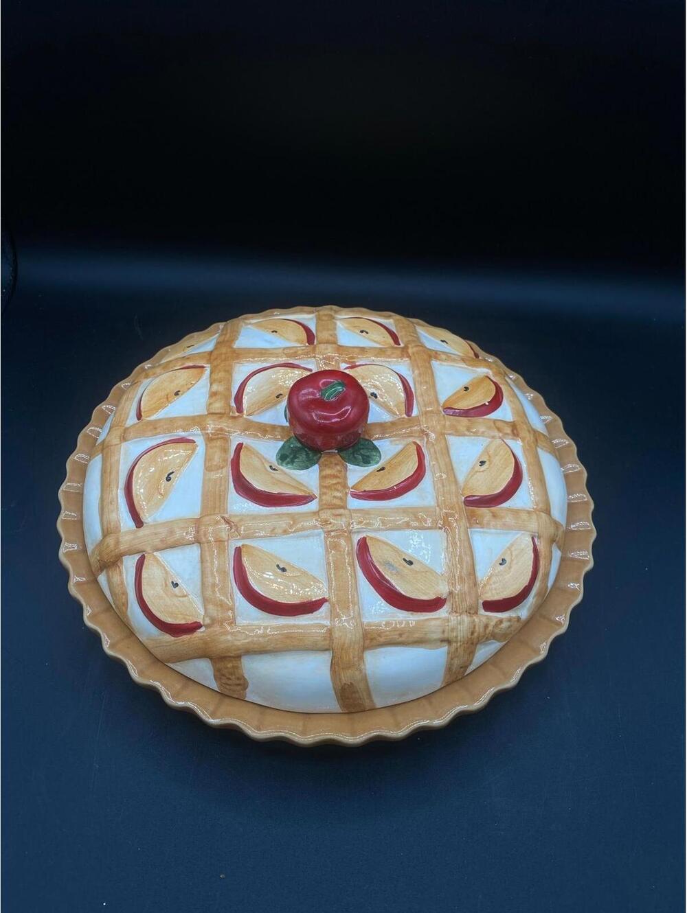 Vintage Ceramic Apple Pie Dish with Lid Lattice Top Apple Kitchen Decor 10.5”